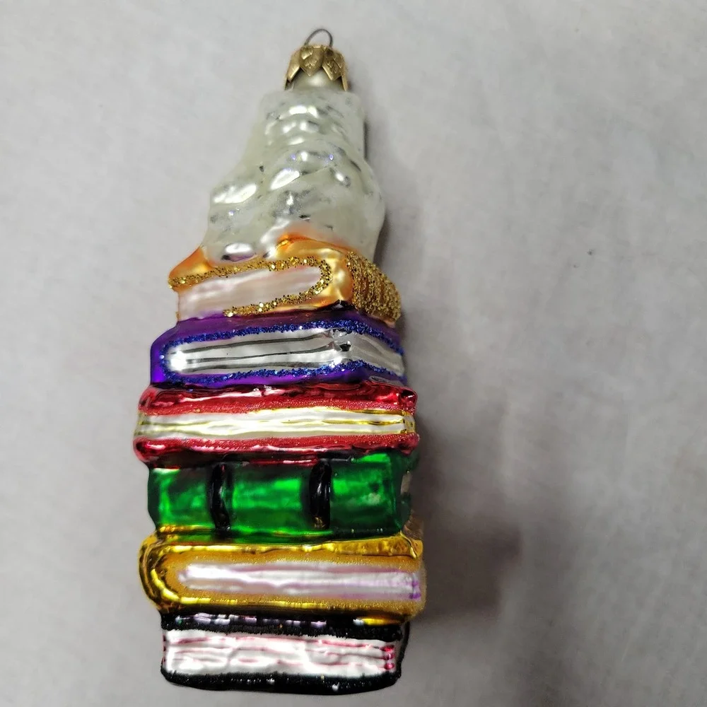RADKO Hoo Dunnit Snowy Owl on Stack of Books Glass Christmas Ornament Glitter